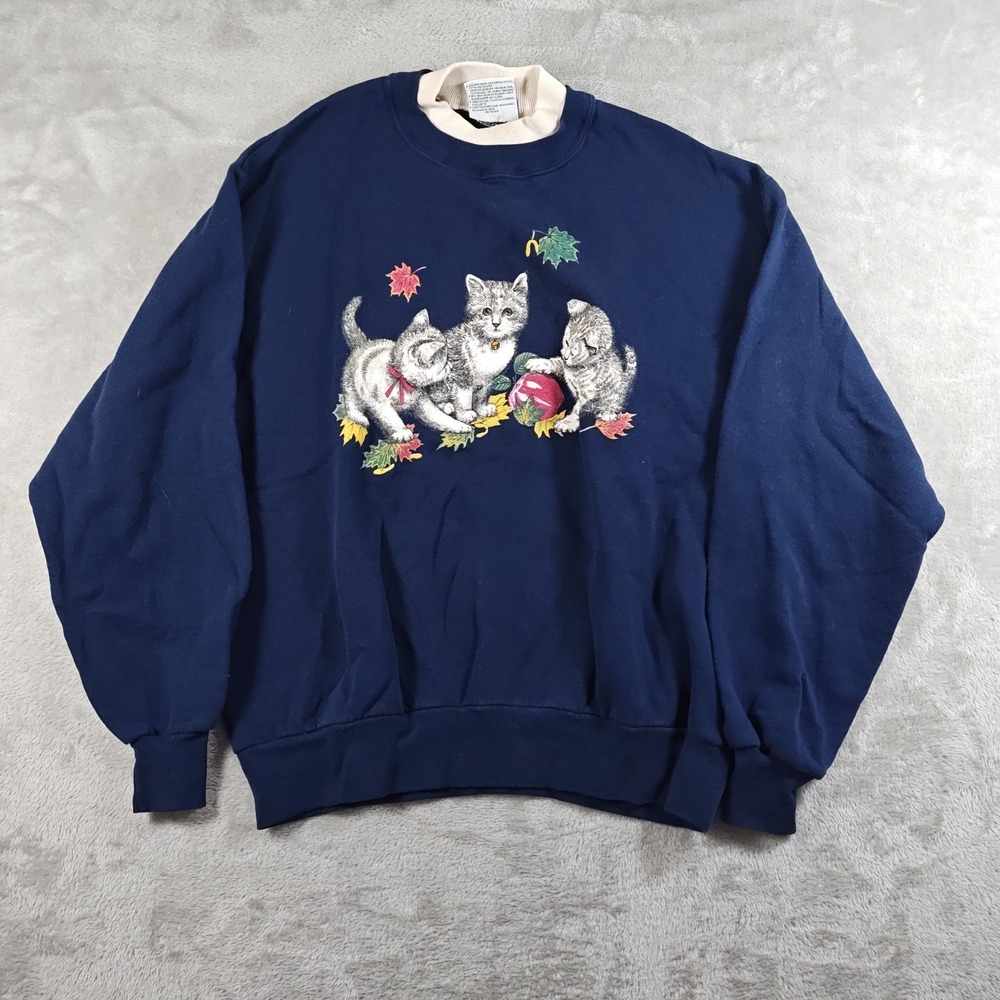 Vintage Cat Sweatshirt Womens Large Kitten Kitty Fall Pullover Double Collar 80s